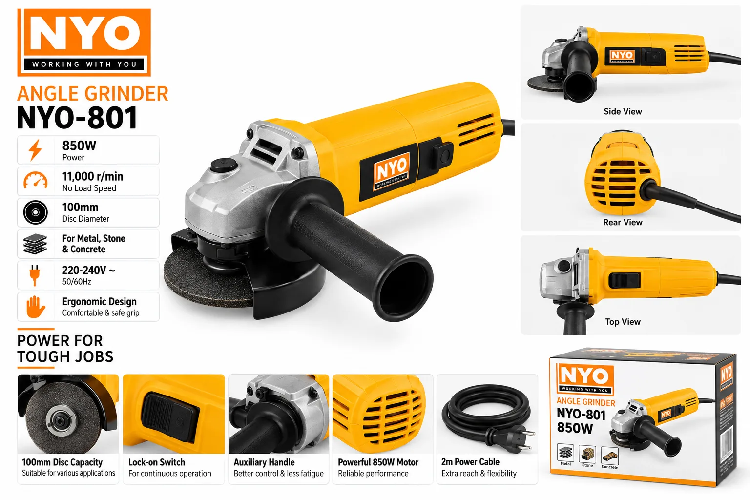 NYO NYO-801 850W 100mm Angle Grinder