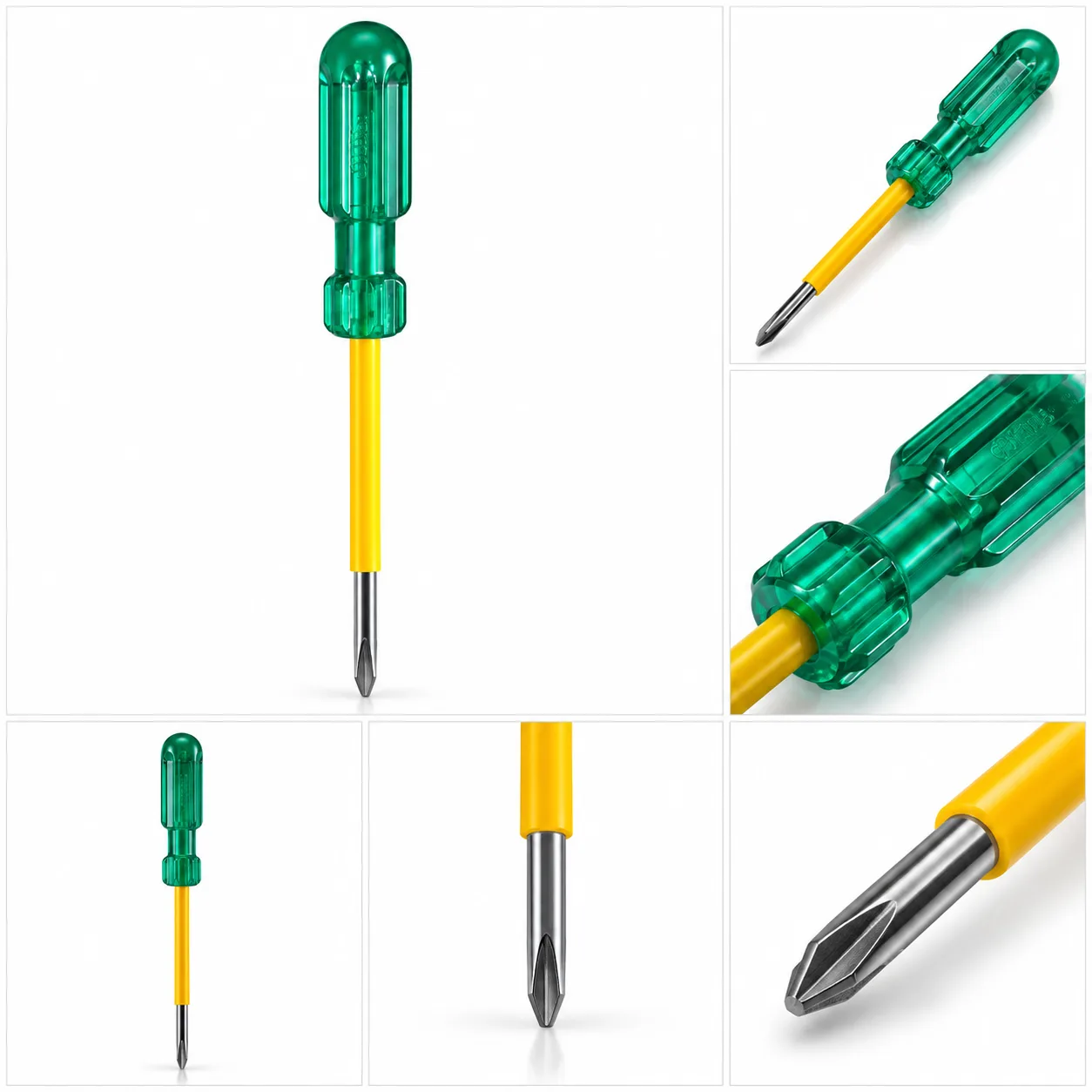 Phillips Hand Screwdriver, Green Handle, Yellow Insulated Shank