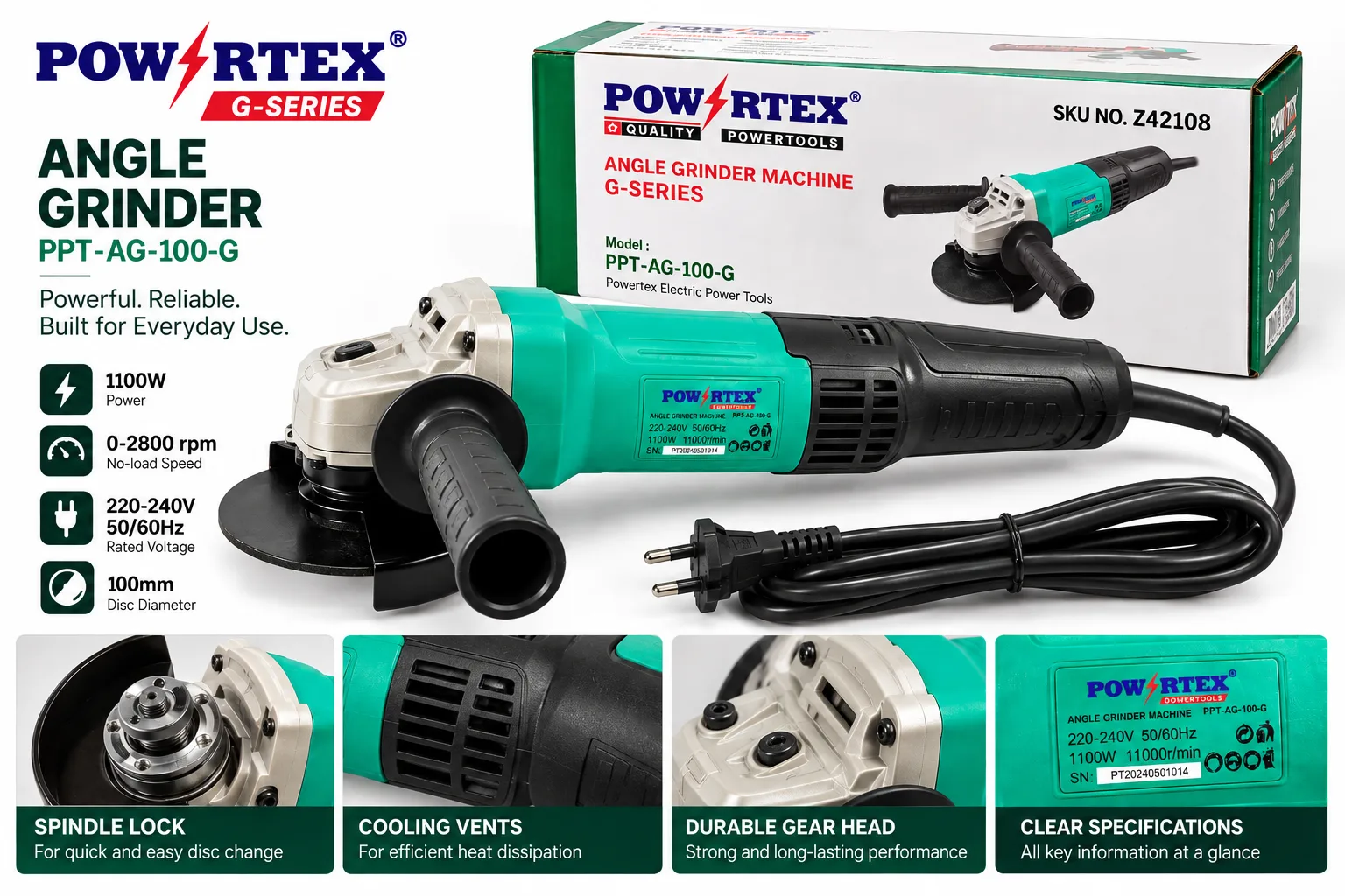 POWERTEX PPT-AG-100-G 1100W 100mm Angle Grinder