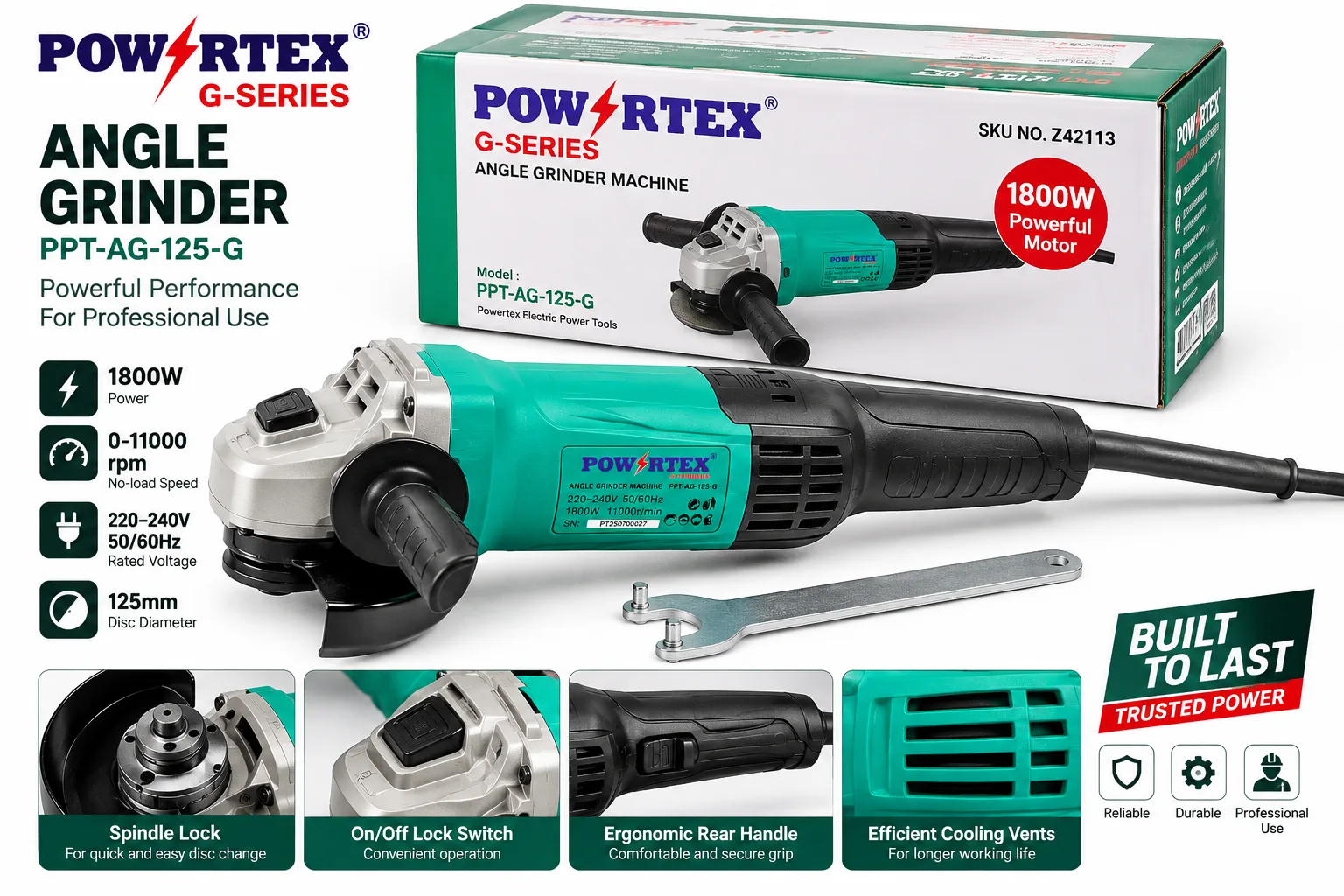 POWERTEX PPT-AG-125-G 1800W 125mm Angle Grinder