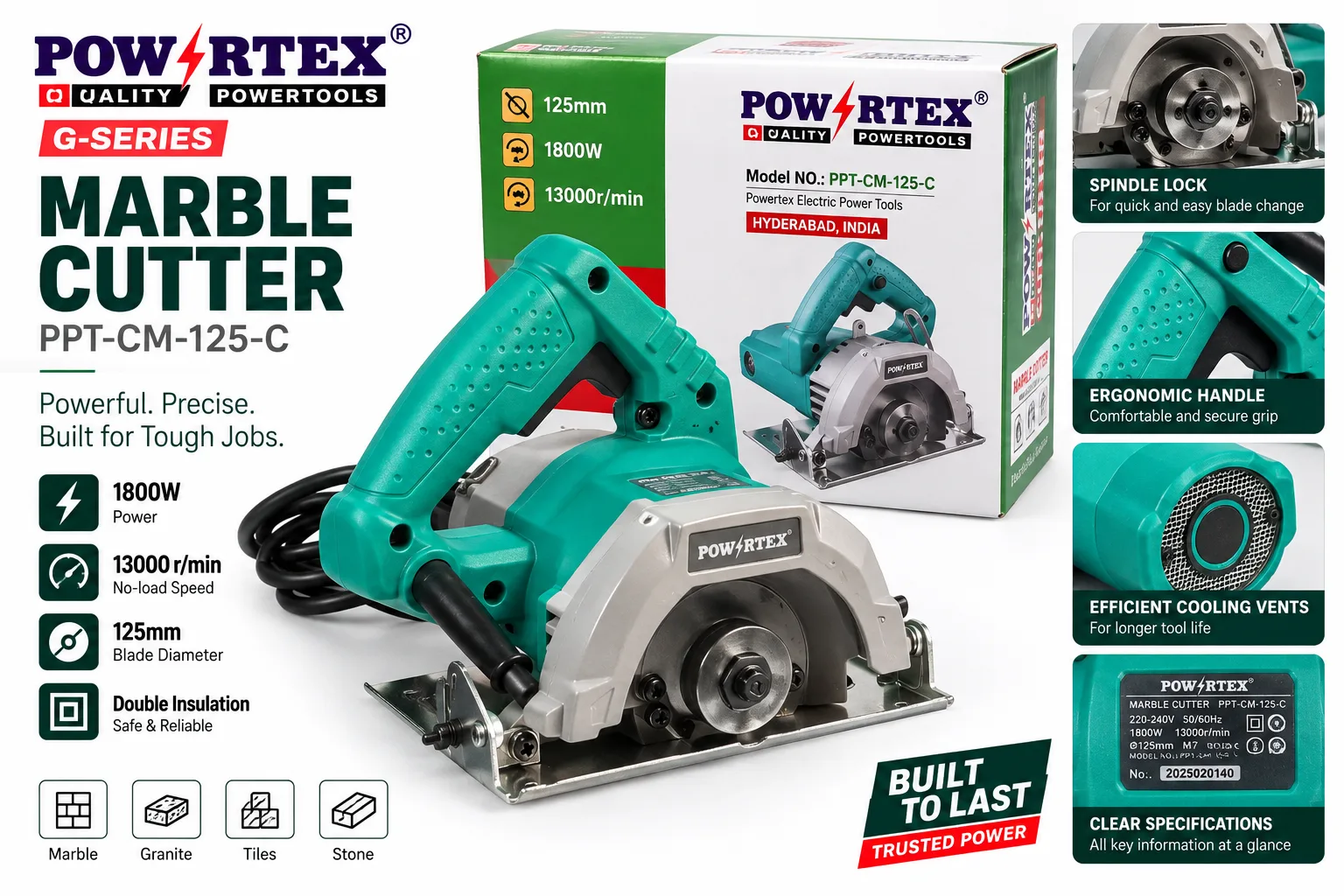 POWERTEX PPT-CM-125-C 1800W 125mm Marble Cutter (G-Series)