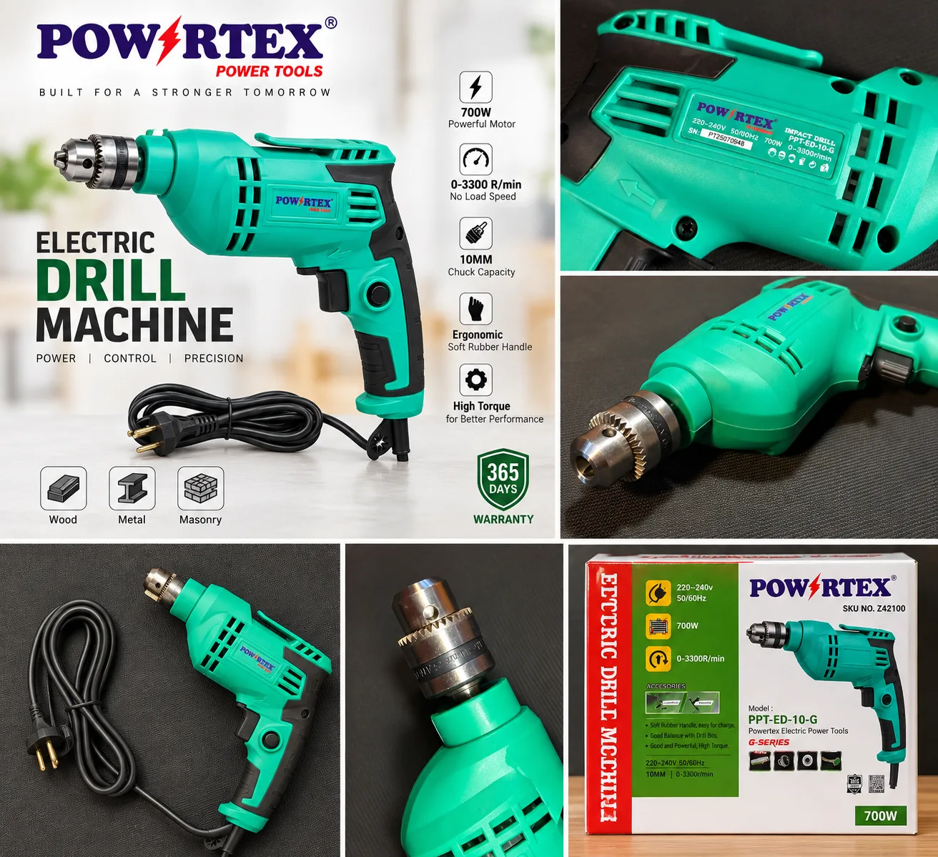 POWERTEX PPT-ED-10-G 700W 10mm Electric Drill Machine