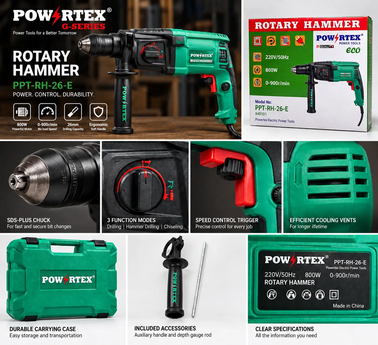 POWERTEX PPT-RH-26-E 800W 26mm SDS-Plus Rotary Hammer